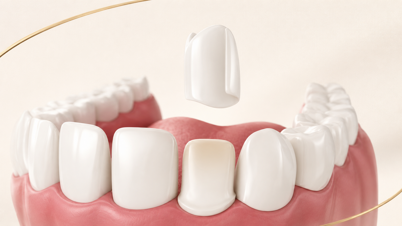 Illustration of a veneer being placed over a front tooth.