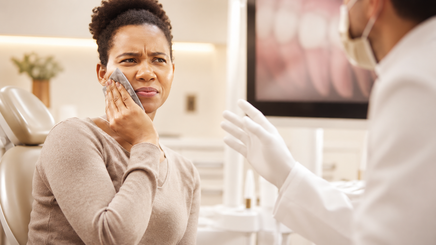 Patient holding her cheek during an emergency dental visit consultation.
