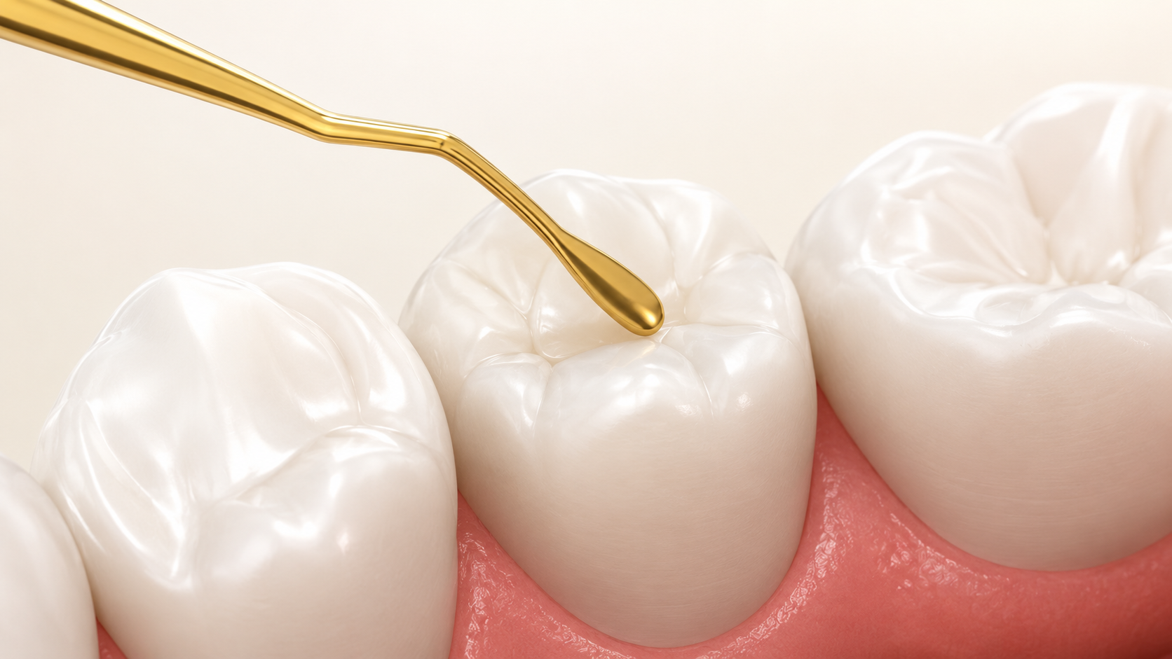 Illustration of a tooth-colored filling being placed with a dental instrument.