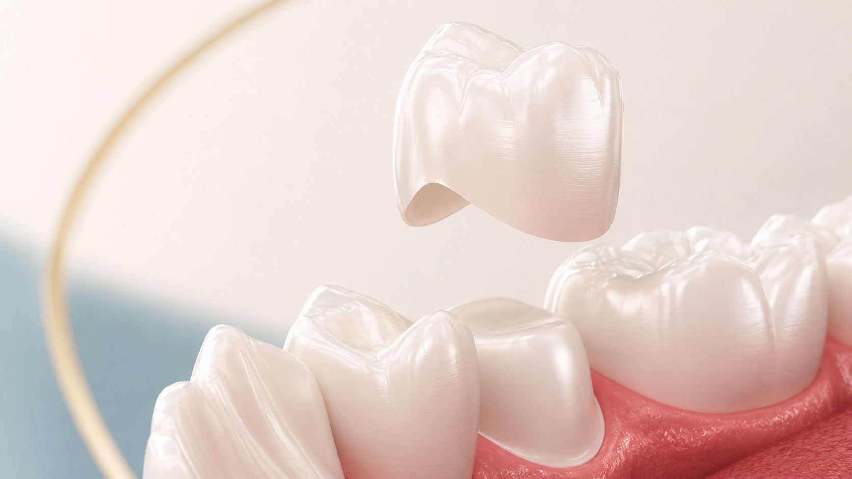 Illustration of a porcelain dental crown positioned above a prepared tooth.